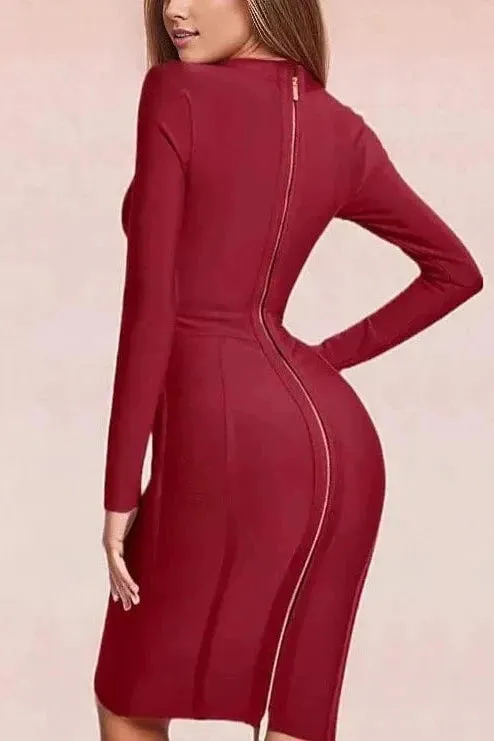 Dee Long Sleeve Bandage Dress - Red Wine