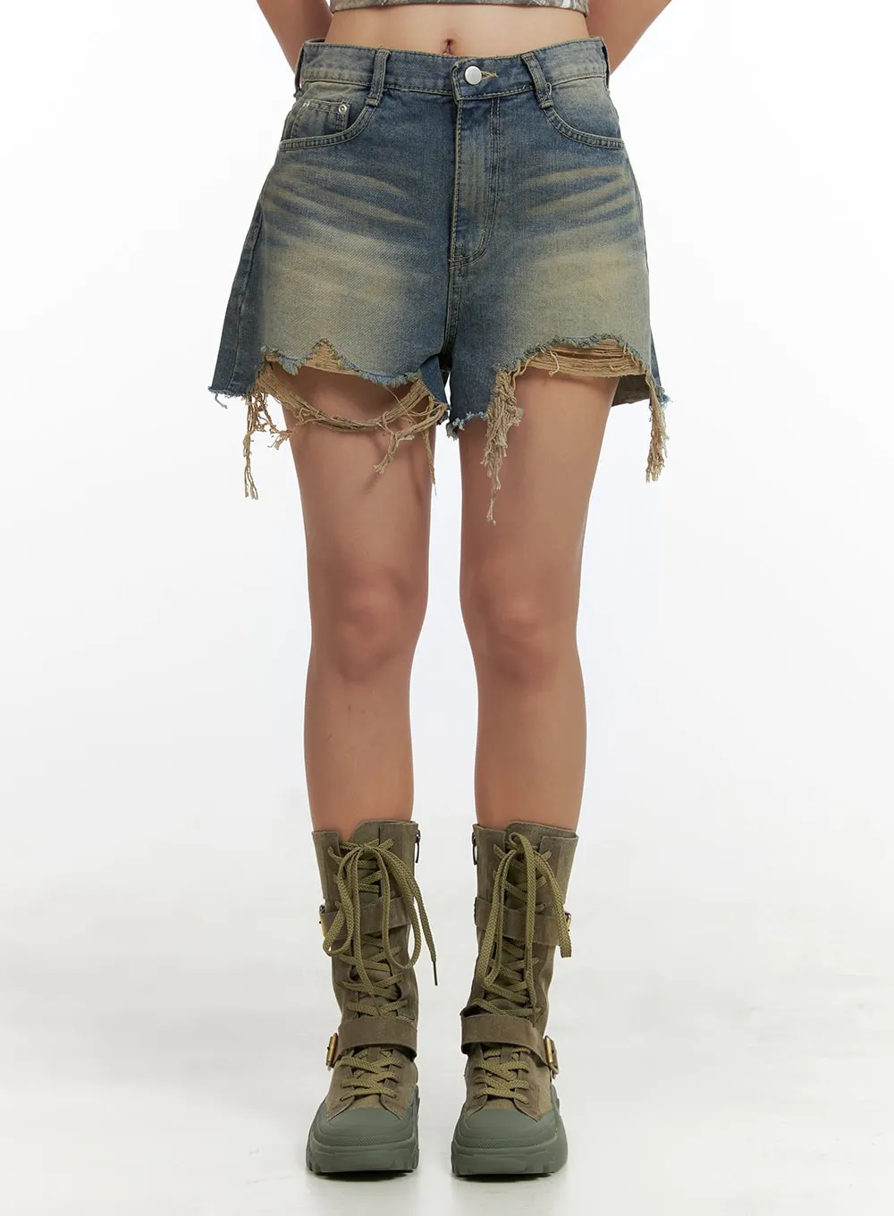 Distressed Washed Denim Shorts OU403