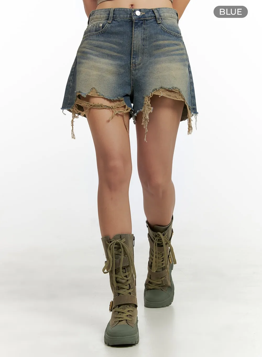 Distressed Washed Denim Shorts OU403