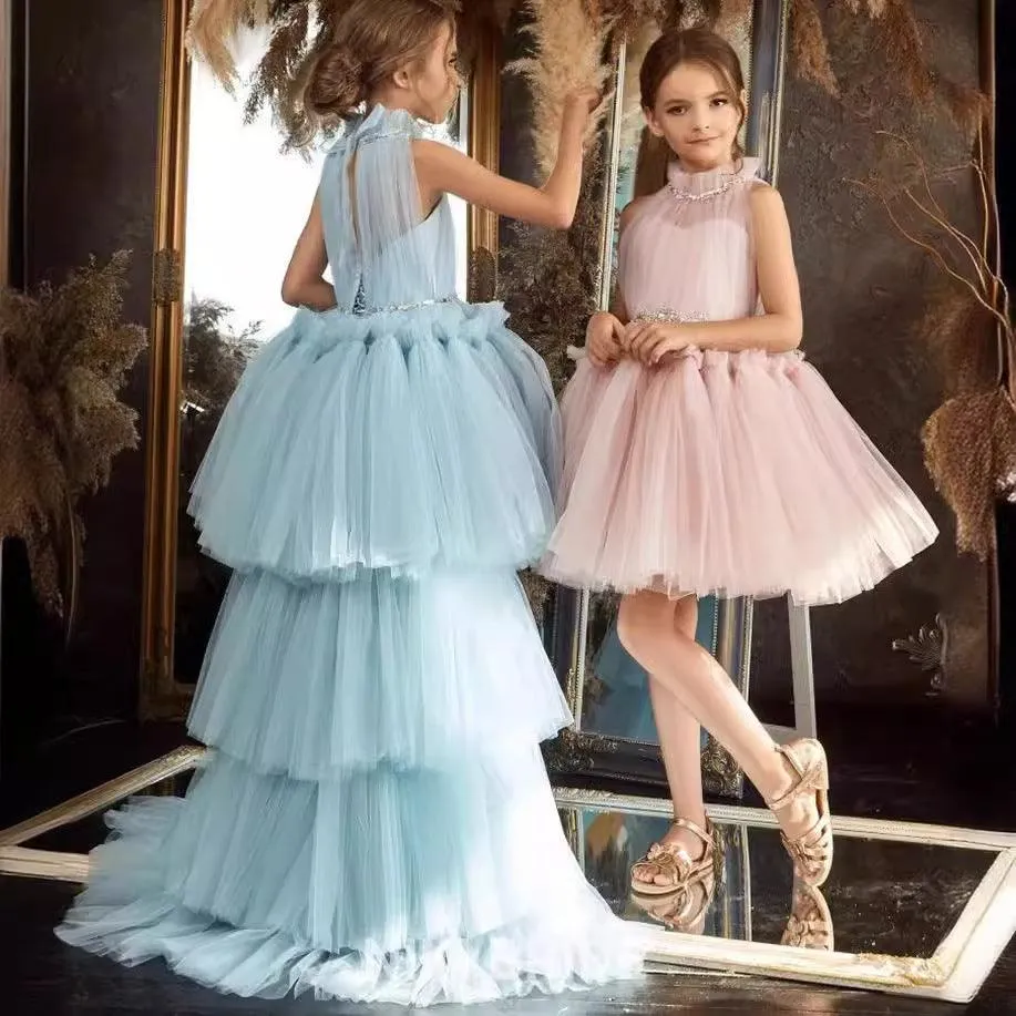 Dreamy Fairytale Princess Dress Elegant Layered Tulle Dress Sparkling Rhinestone Belt Kids Dress