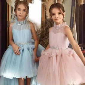 Dreamy Fairytale Princess Dress Elegant Layered Tulle Dress Sparkling Rhinestone Belt Kids Dress