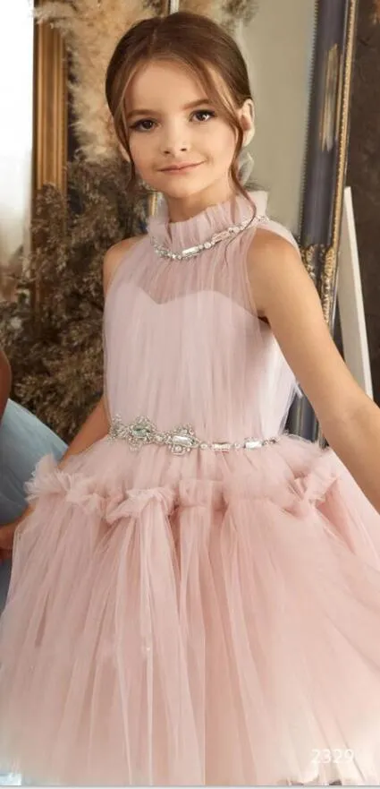 Dreamy Fairytale Princess Dress Elegant Layered Tulle Dress Sparkling Rhinestone Belt Kids Dress