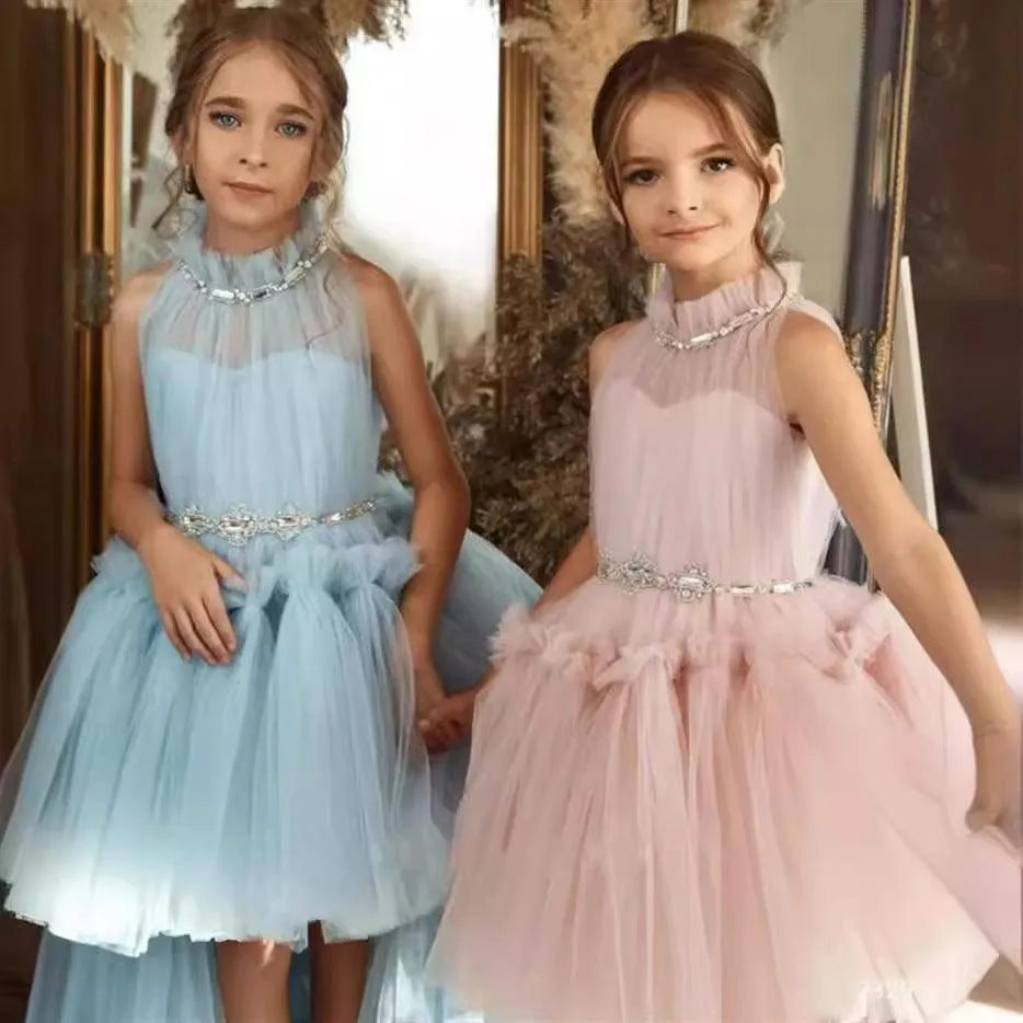 Dreamy Fairytale Princess Dress Elegant Layered Tulle Dress Sparkling Rhinestone Belt Kids Dress