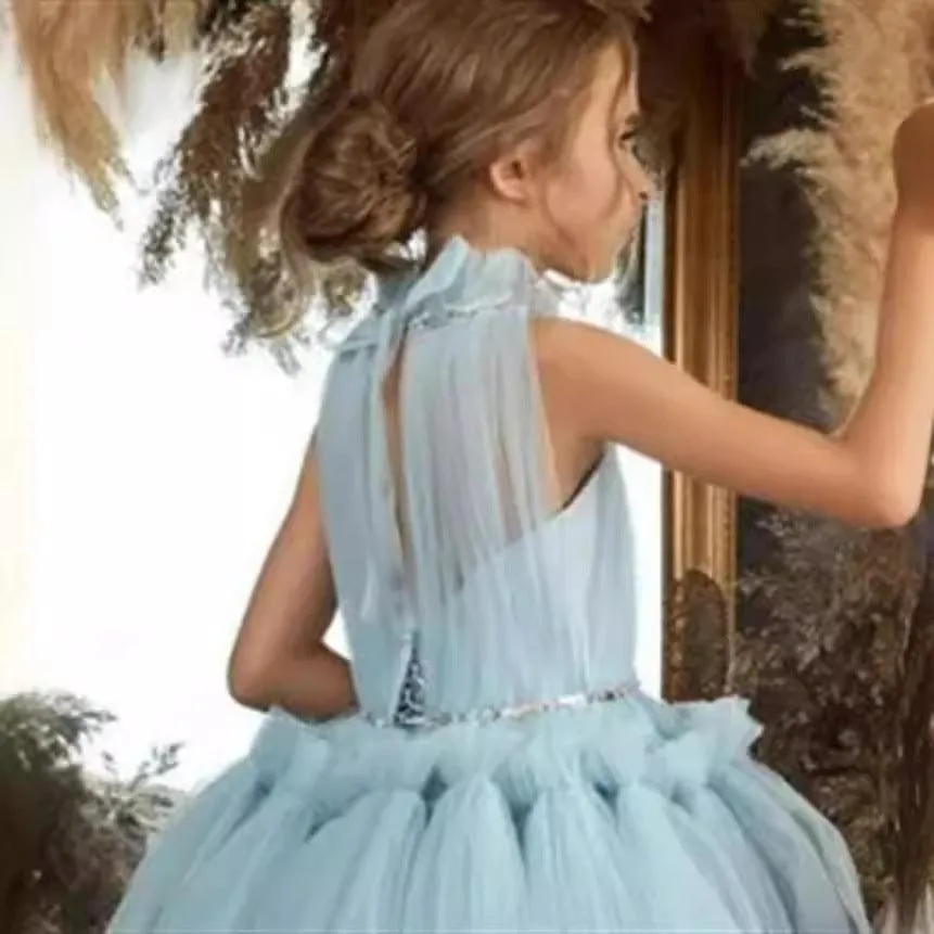 Dreamy Fairytale Princess Dress Elegant Layered Tulle Dress Sparkling Rhinestone Belt Kids Dress