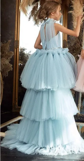 Dreamy Fairytale Princess Dress Elegant Layered Tulle Dress Sparkling Rhinestone Belt Kids Dress