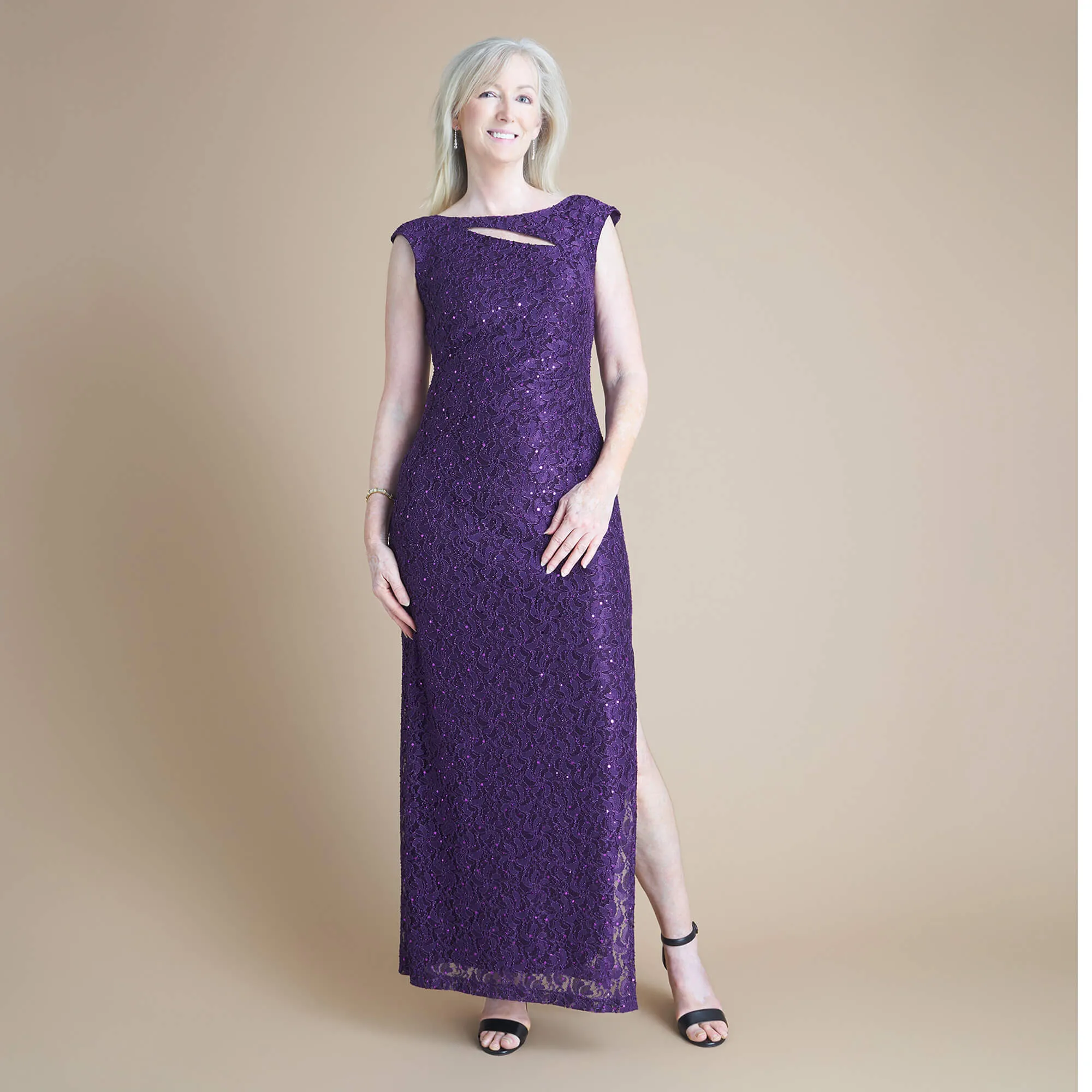 Elizabeth Eggplant Sequin Lace Floor Length Dress