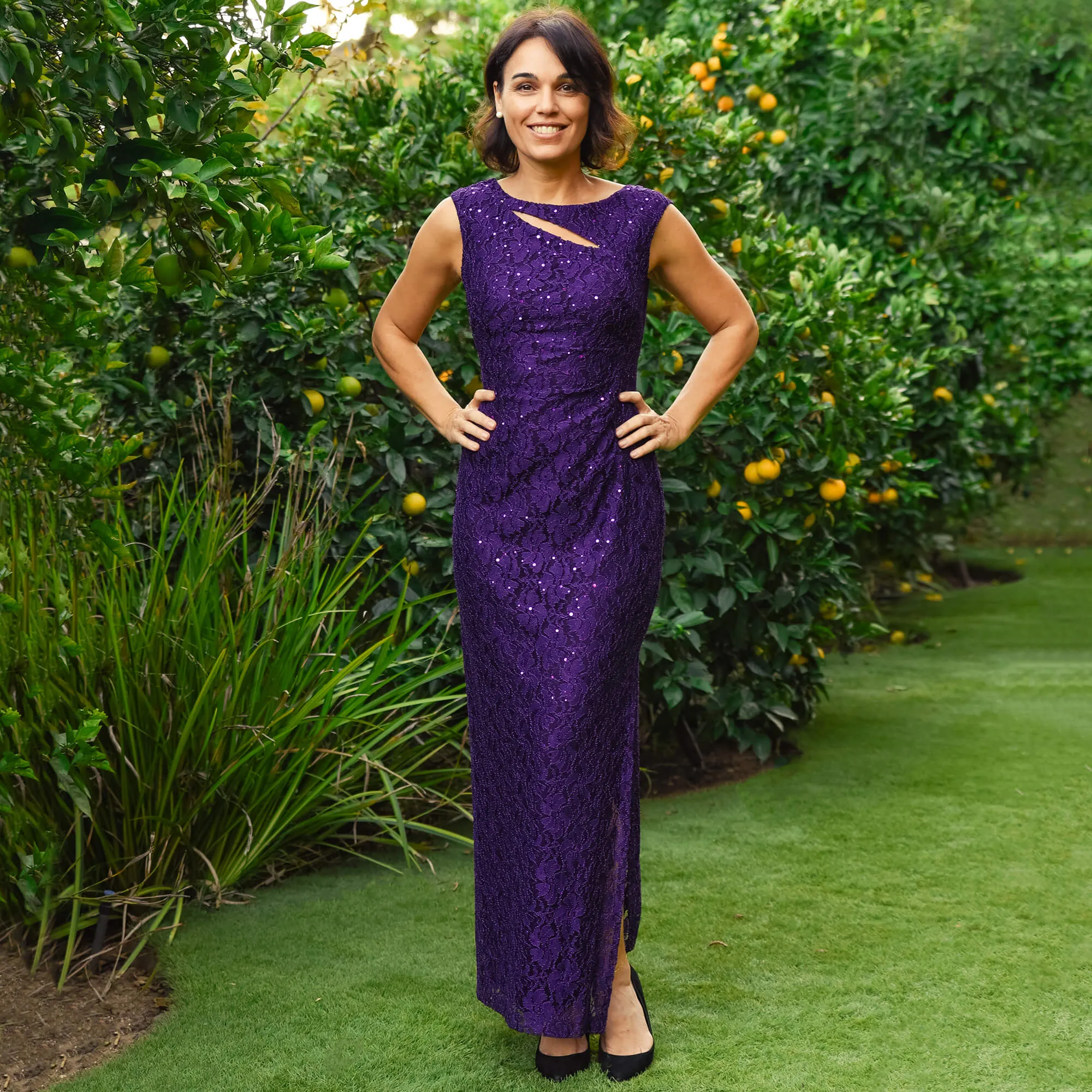 Elizabeth Eggplant Sequin Lace Floor Length Dress