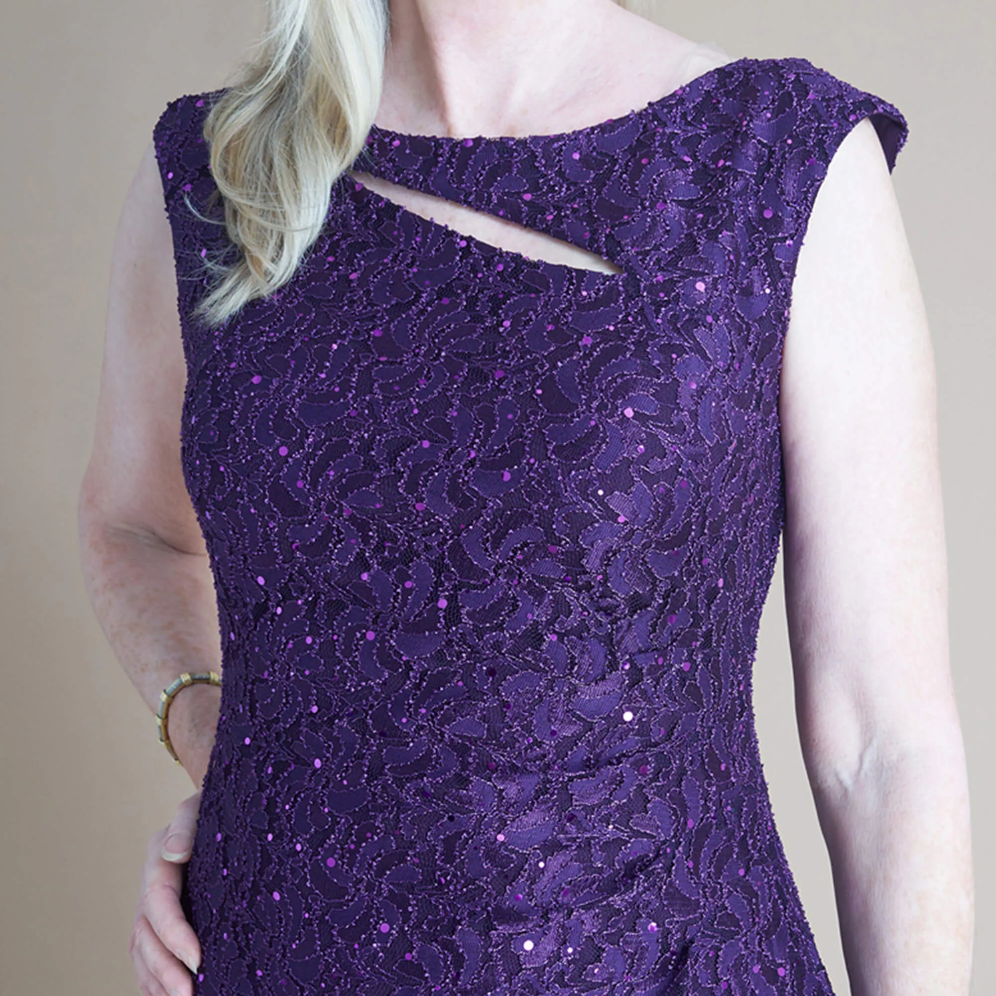 Elizabeth Eggplant Sequin Lace Floor Length Dress