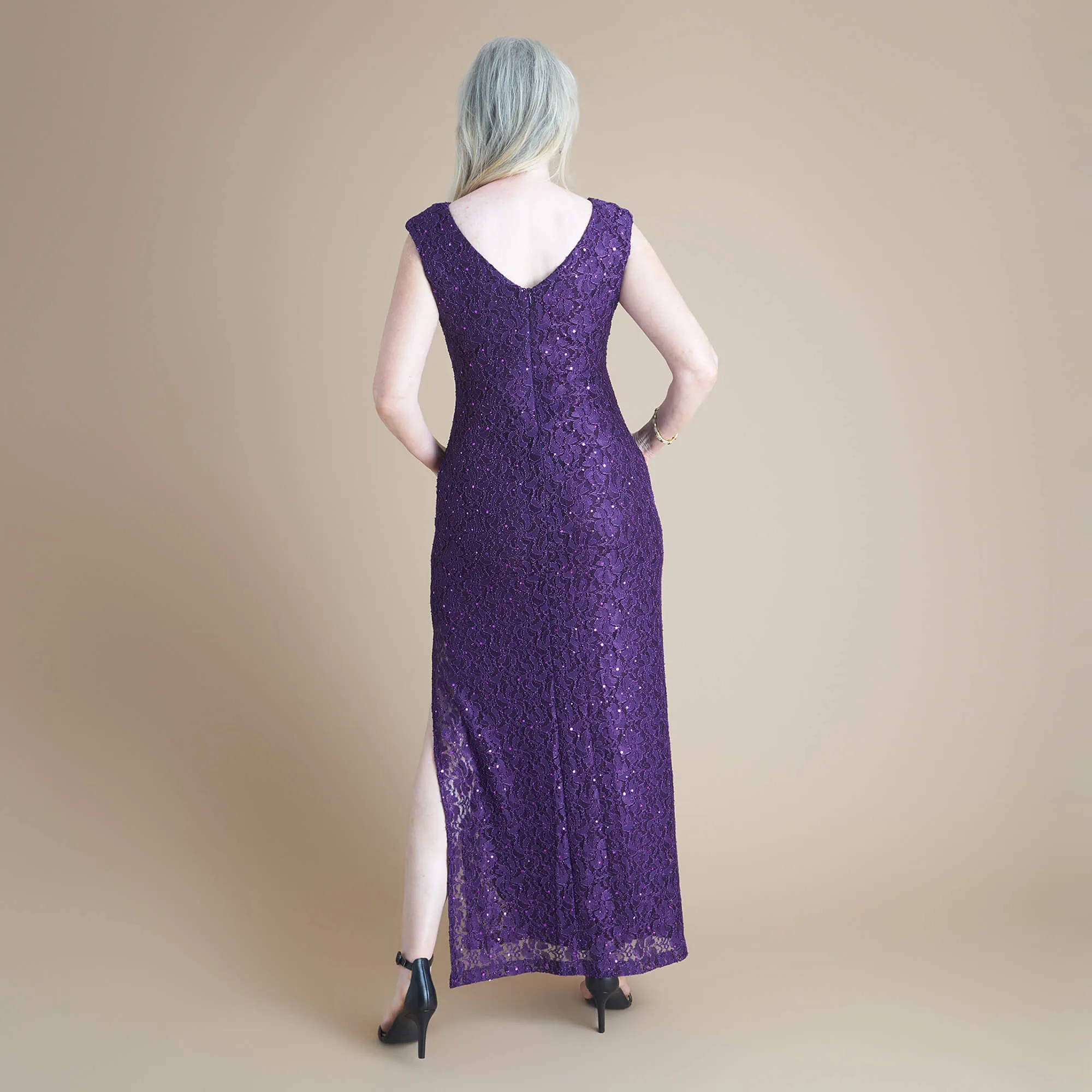 Elizabeth Eggplant Sequin Lace Floor Length Dress