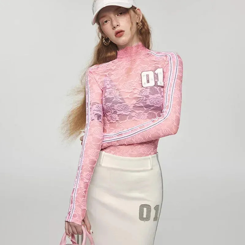 Embroidery Lace See Through Girl T Shirt Turtleneck Long Sleeve Y2k Tops Streetwear Women Fall Clothing 2023 P85-CC11