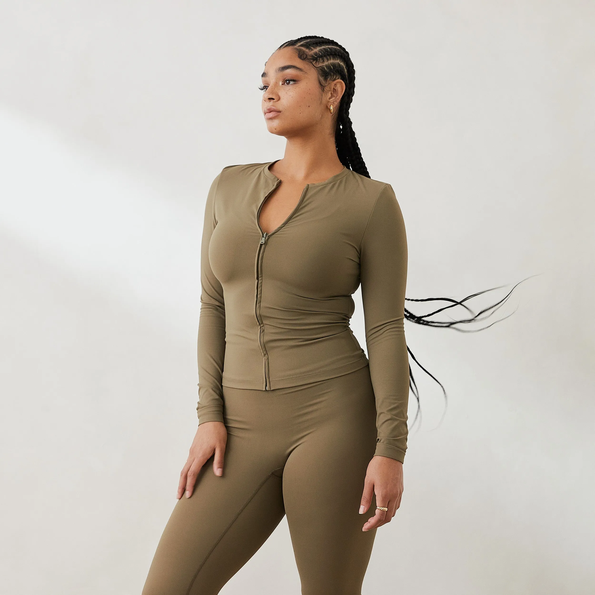 Essential Long Sleeve Zip-Up Top - Olive