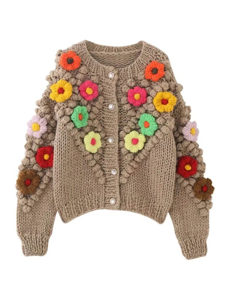 Fall Winter Women's Sweater O Neck Long-sleeved Flower Splicing Loose Retro Knitted Cardigan Thick Warm Sweaters Top  C-266