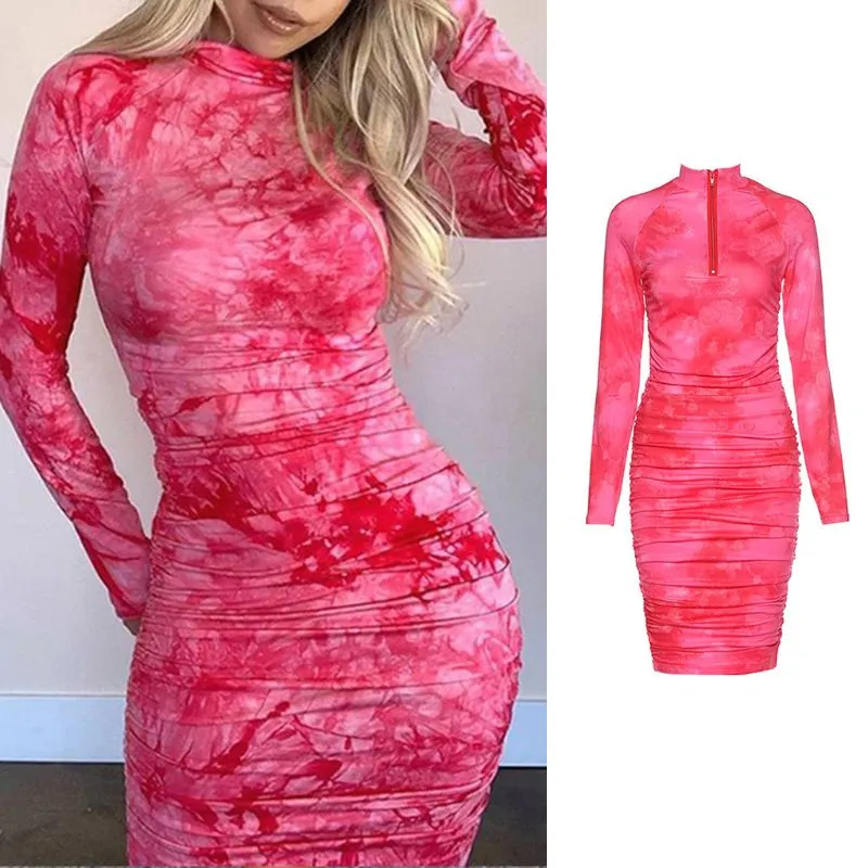 Fashionkova 2022 Spring  Long Sleeve Tie Dye Ruched Bodycon Sexy Midi Dress Women Streetwear Outfits Party Bright Clothing