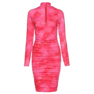 Fashionkova 2022 Spring  Long Sleeve Tie Dye Ruched Bodycon Sexy Midi Dress Women Streetwear Outfits Party Bright Clothing