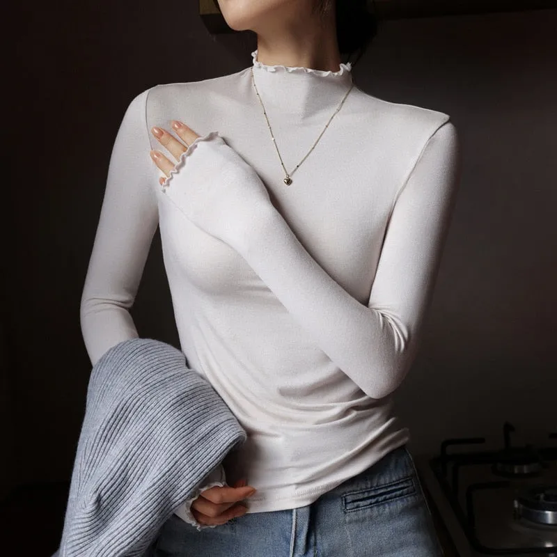 FashionKova Soft Long Sleeve T-Shirt Women Ruched Turtleneck Streetwear Tops Bottom Shirts And Blouses Harajuku Korean Autumn Clothes