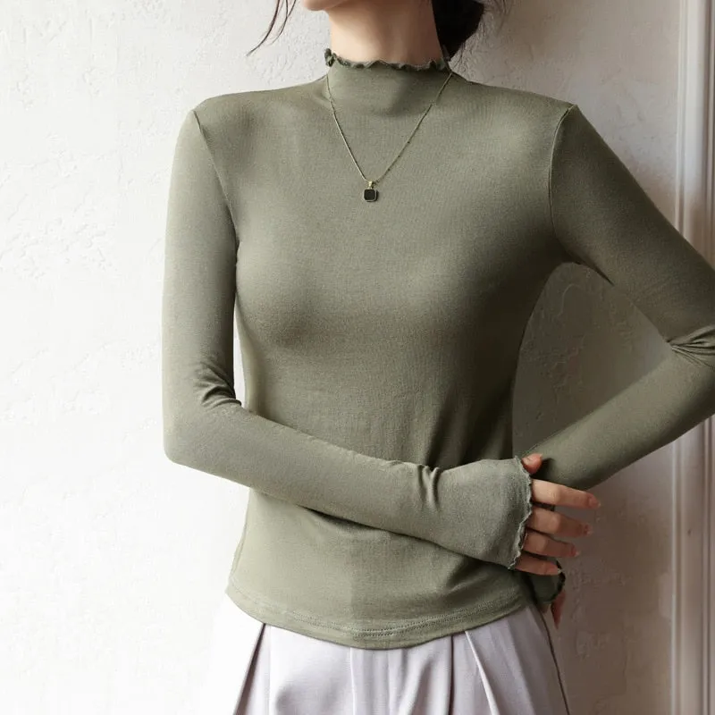 FashionKova Soft Long Sleeve T-Shirt Women Ruched Turtleneck Streetwear Tops Bottom Shirts And Blouses Harajuku Korean Autumn Clothes