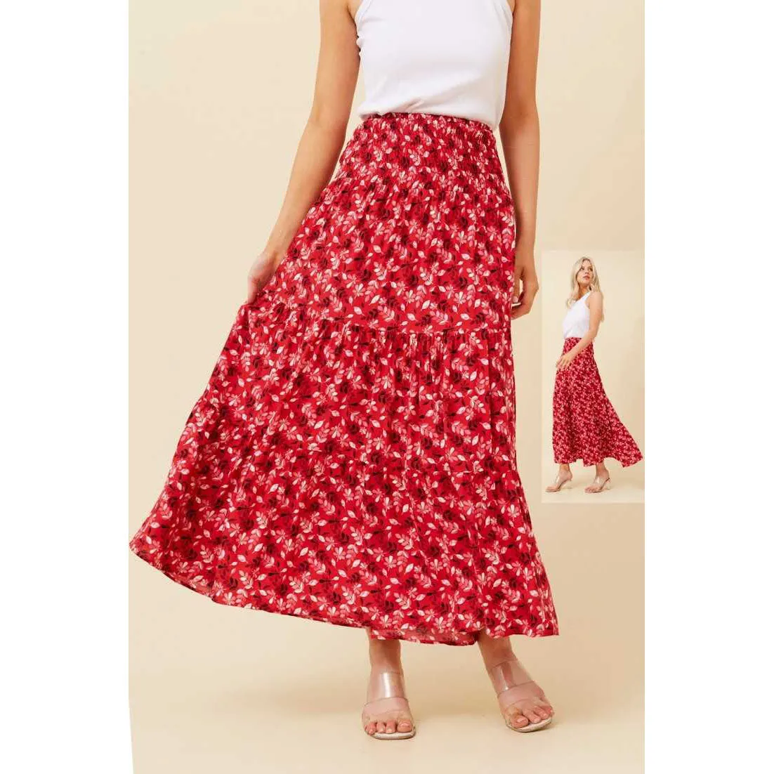 Floral Shirred Waist Skirt - Red