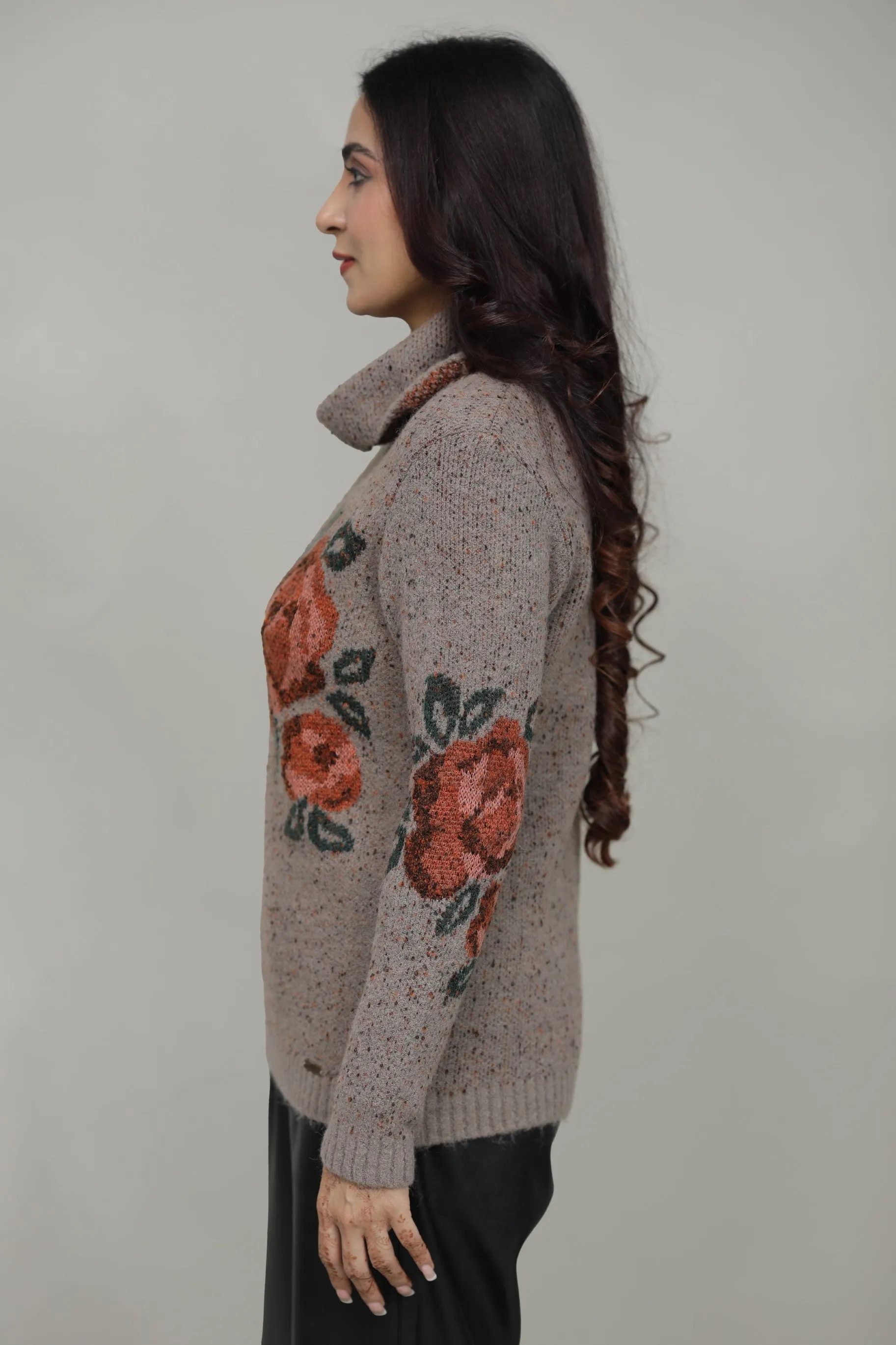 Floral Woolen Cowl Neck Sweater