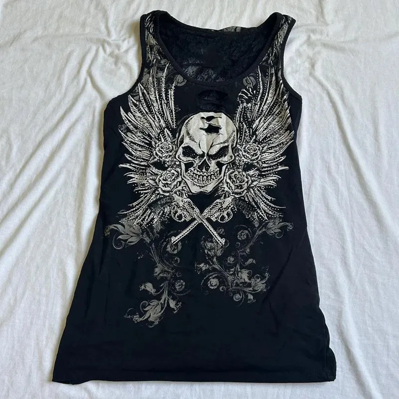 Flytonn-Fall Outfits Gothic Style  Outwear Streetwear y2k 90s Fashion 2000s Skull Wing Print Tank Tops Cyber Grunge Y2K Graphic Sleeveless Vest Japanese Emo Lace Backless Crop Top Women Clothes