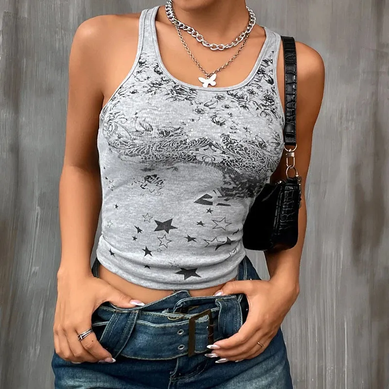 Flytonn-Star Print Y2k Vintage Grey Tank Top Harajuku Slim Fit Graphic Vest Women 2000s Retro Grunge Crop Top Summer Streetwear