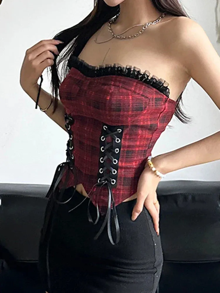 Flytonn Y2k Hotsweet Red Plaid Vest Women Aesthetic Emo Alternative Grunge Lace Patchwork Bandage Crop Tank Top Goth Rave Outfit