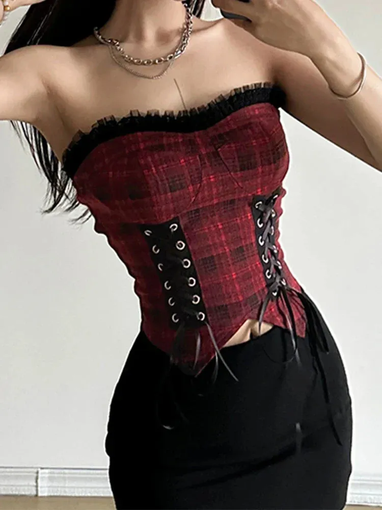 Flytonn Y2k Hotsweet Red Plaid Vest Women Aesthetic Emo Alternative Grunge Lace Patchwork Bandage Crop Tank Top Goth Rave Outfit