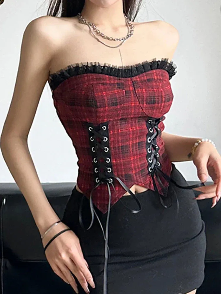 Flytonn Y2k Hotsweet Red Plaid Vest Women Aesthetic Emo Alternative Grunge Lace Patchwork Bandage Crop Tank Top Goth Rave Outfit