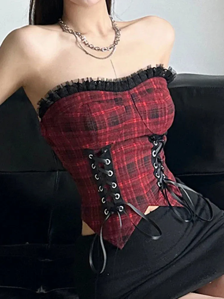 Flytonn Y2k Hotsweet Red Plaid Vest Women Aesthetic Emo Alternative Grunge Lace Patchwork Bandage Crop Tank Top Goth Rave Outfit