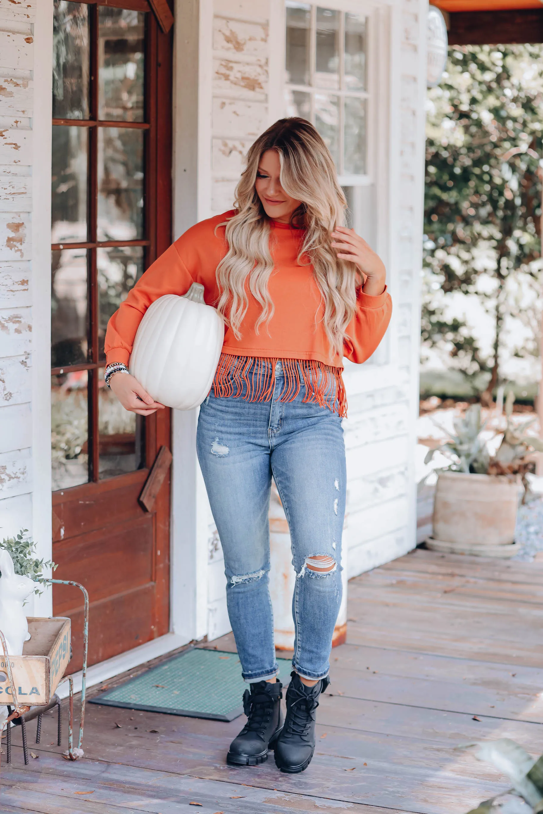 Fringe Trim Cropped Pullover - Orange