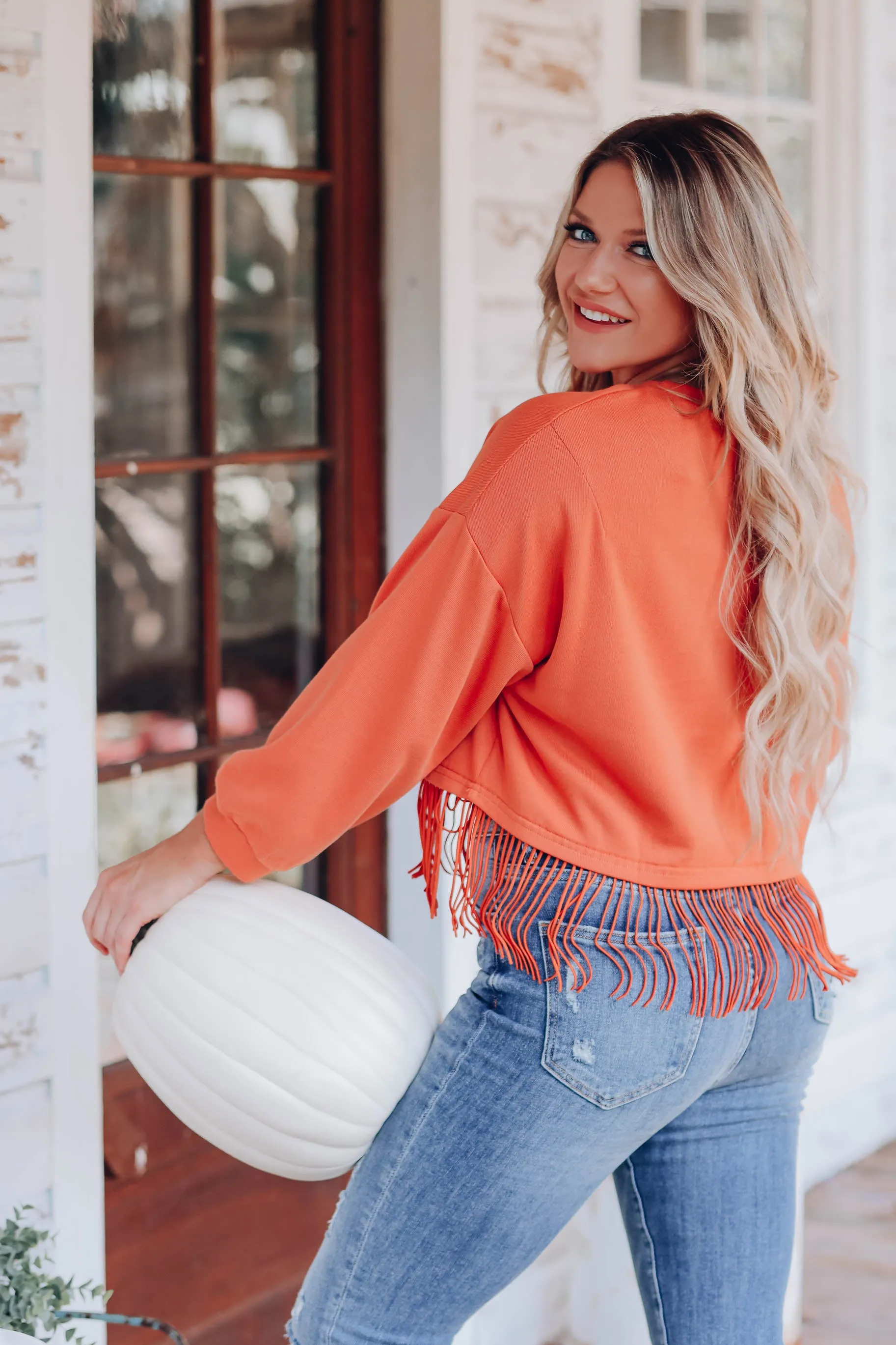 Fringe Trim Cropped Pullover - Orange