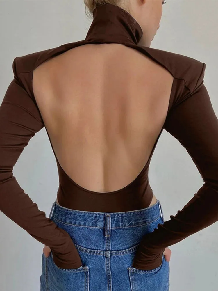 Girlary New Sexy Backless Bodysuits Cotton Women Turtleneck Long Sleeve Rompers Female Black Casual Body Tops Streetwear