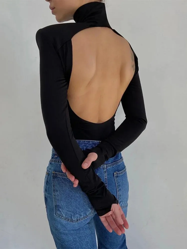 Girlary New Sexy Backless Bodysuits Cotton Women Turtleneck Long Sleeve Rompers Female Black Casual Body Tops Streetwear