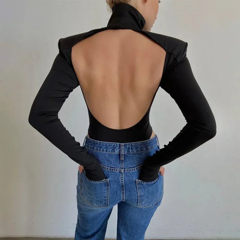 Girlary New Sexy Backless Bodysuits Cotton Women Turtleneck Long Sleeve Rompers Female Black Casual Body Tops Streetwear