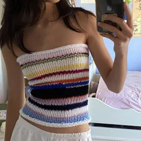 Girlary Y2K Fairy Grunge Knitted Crop Tops Vintage Striped Slim Fit Mini Vest Chest Wrap Strapless Camis Backless Tube Tops