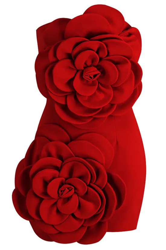 Glamorous Oversized 3D Rosette Applique Strapless Bodycon Party Mini Dress - Red