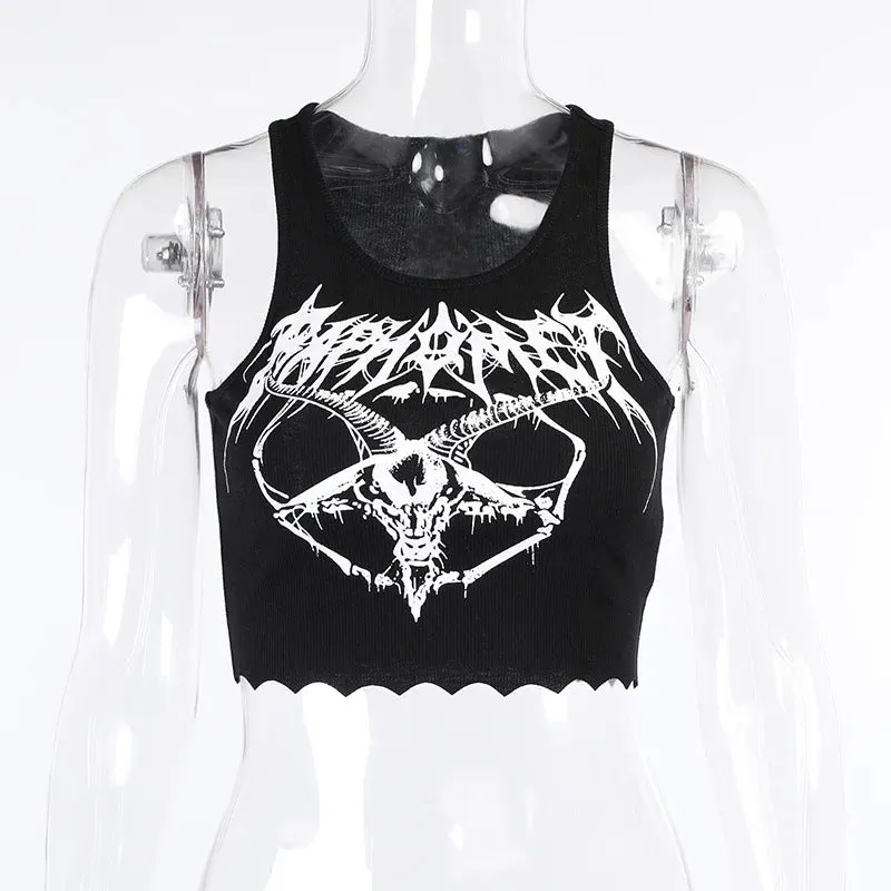 Gothic Black Grunge Knitted Print Crop Punk Goat Top