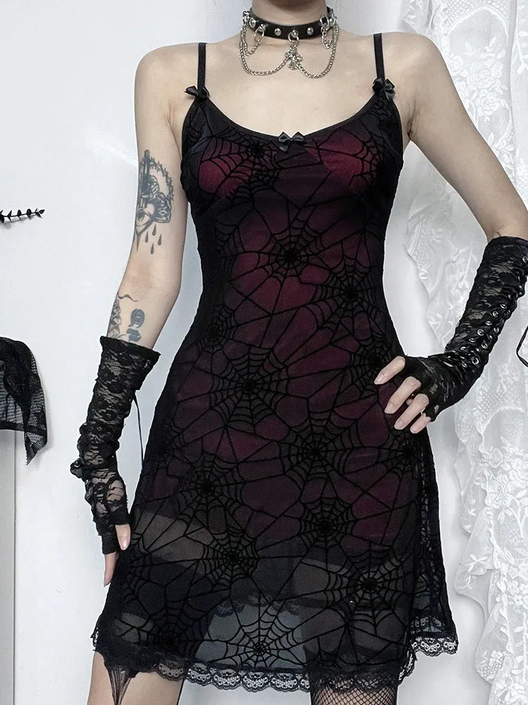 Gothic Cami Stretch Grunge Print Web Contrast Spider Lace Spaghetti Lace Strap Frock