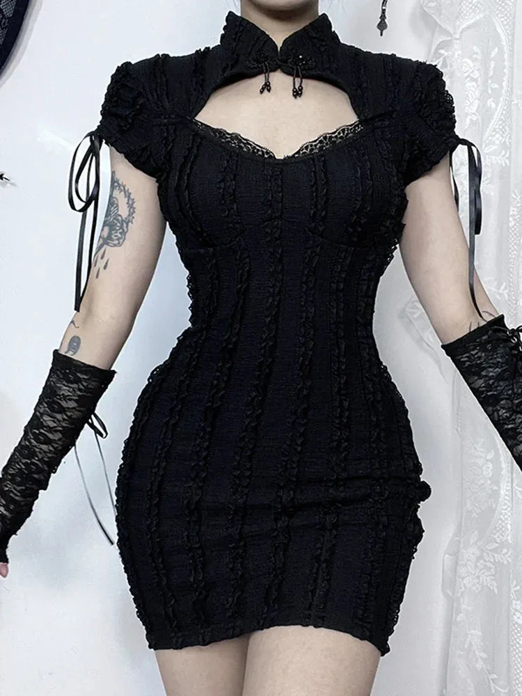 Gothic Out Texture Short Hip Grunge Hollow Knitted Small Sleeve Collar Vertical Gown