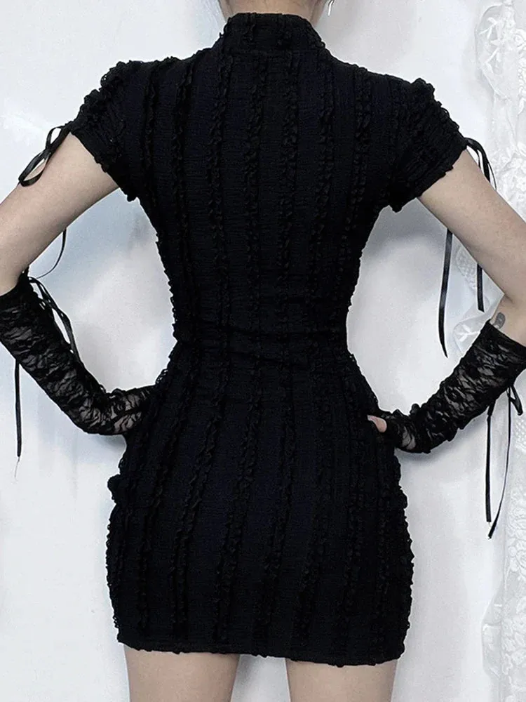 Gothic Out Texture Short Hip Grunge Hollow Knitted Small Sleeve Collar Vertical Gown