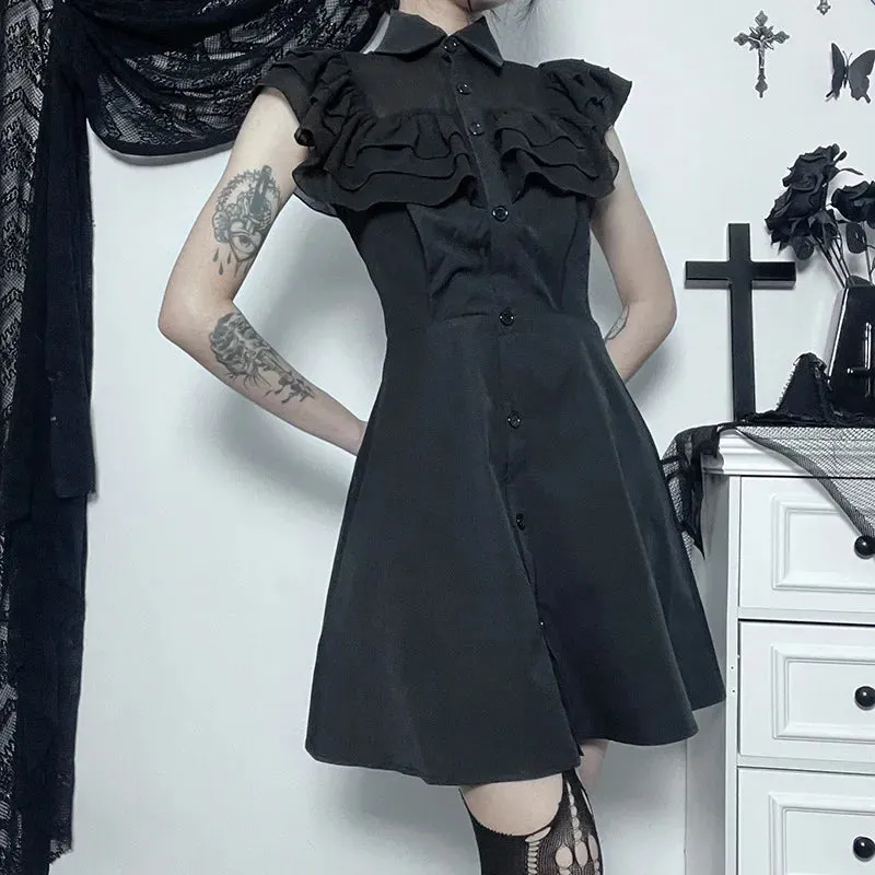 Gothic Slim Patchwork Party Mall Streetwear Harajuku Aesthetic E-Girl Grunge Mesh Black A-Line Outfit Sexy Gown