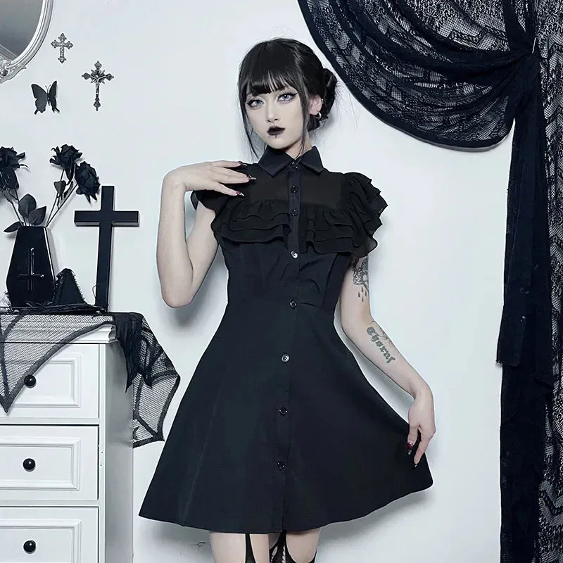 Gothic Slim Patchwork Party Mall Streetwear Harajuku Aesthetic E-Girl Grunge Mesh Black A-Line Outfit Sexy Gown