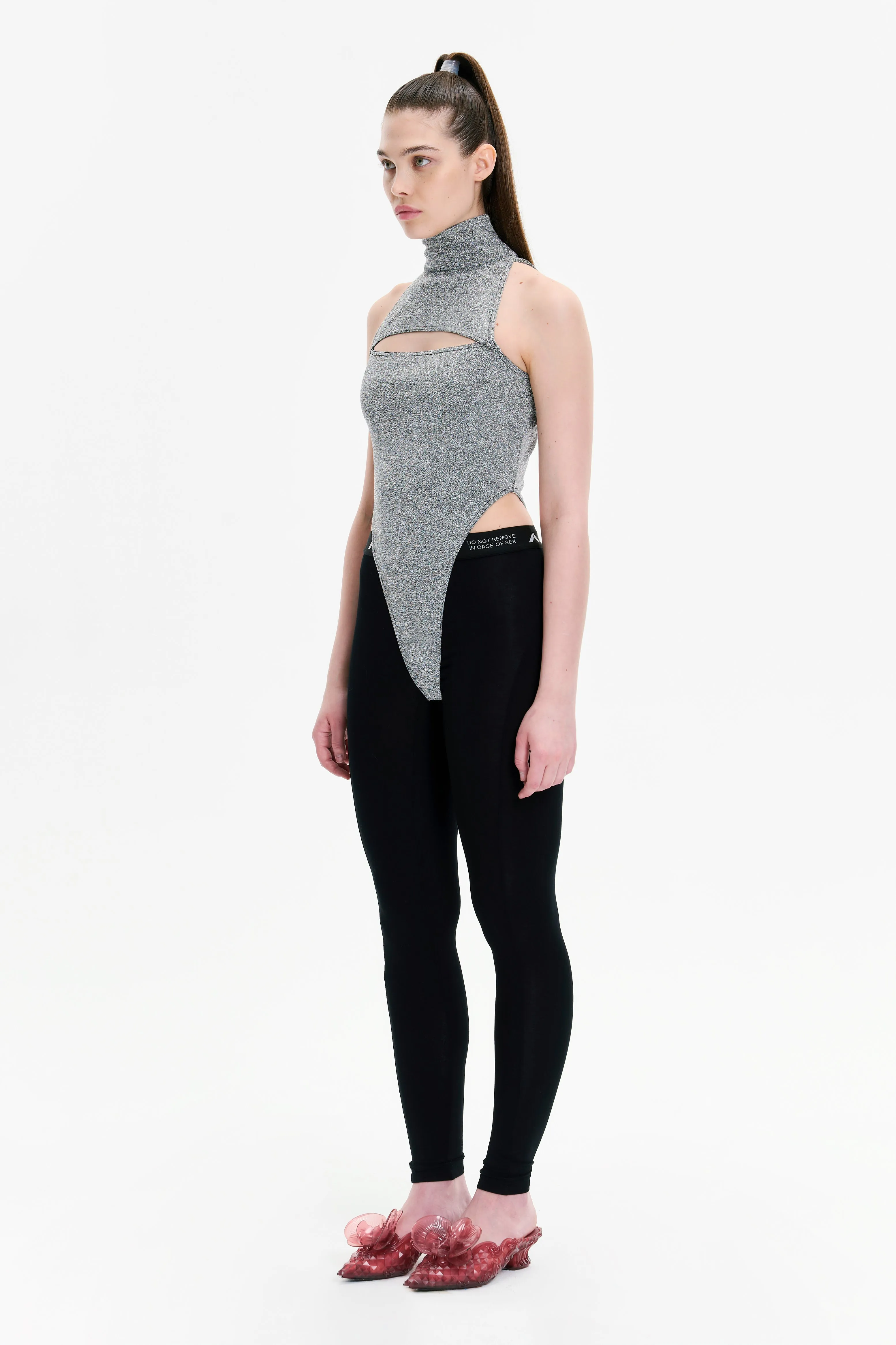 Gray Turtleneck Sleeveless Cut Out Bodysuit