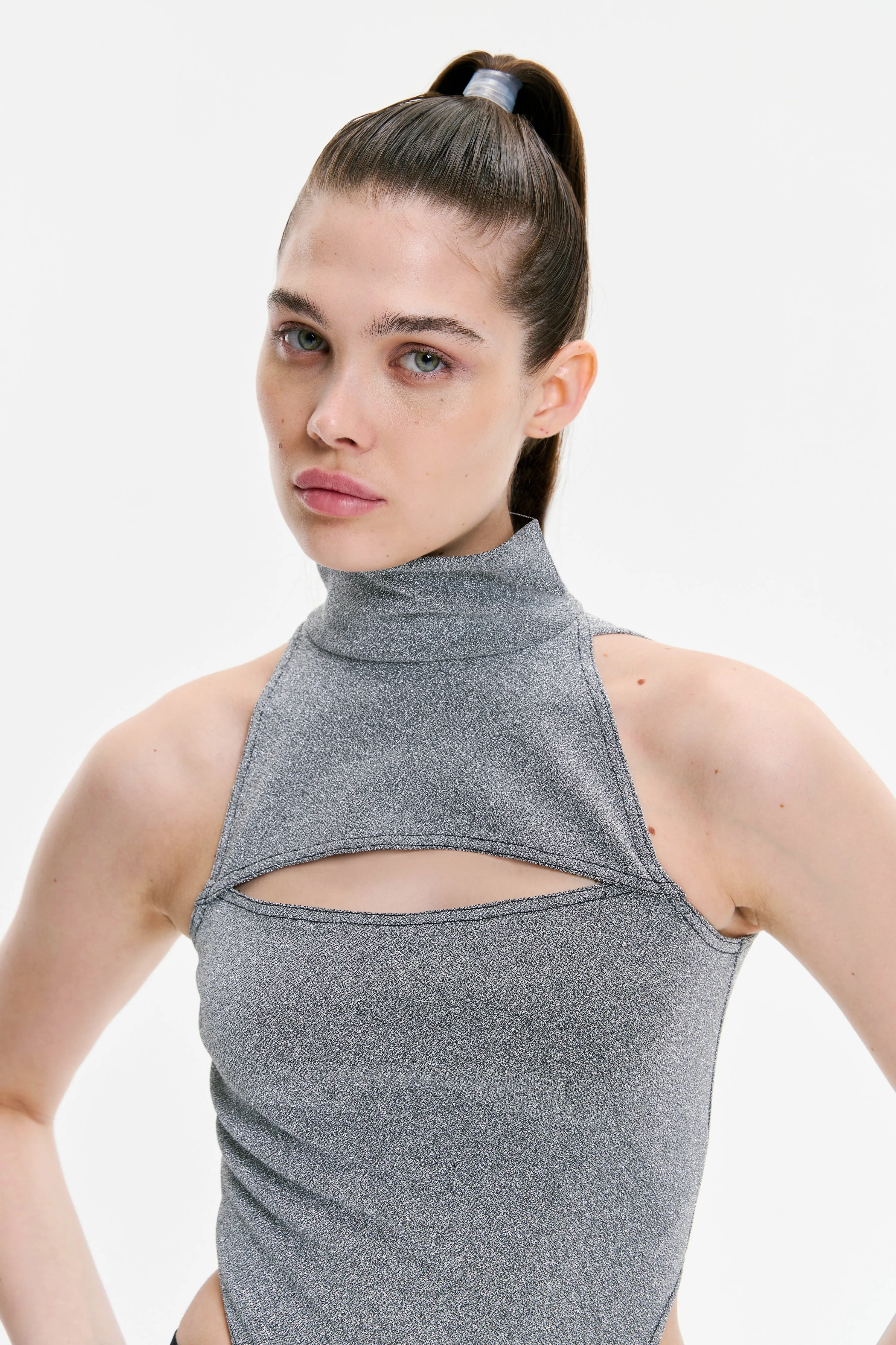 Gray Turtleneck Sleeveless Cut Out Bodysuit