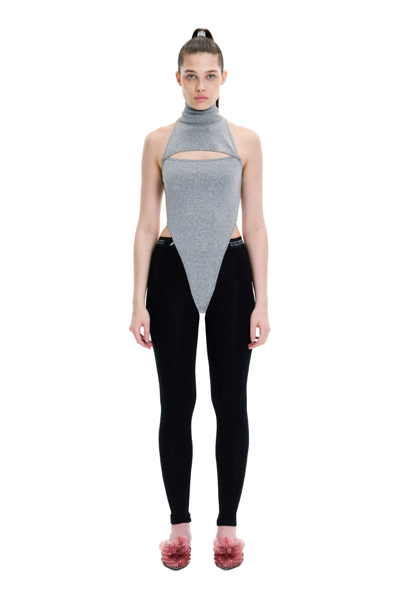 Gray Turtleneck Sleeveless Cut Out Bodysuit