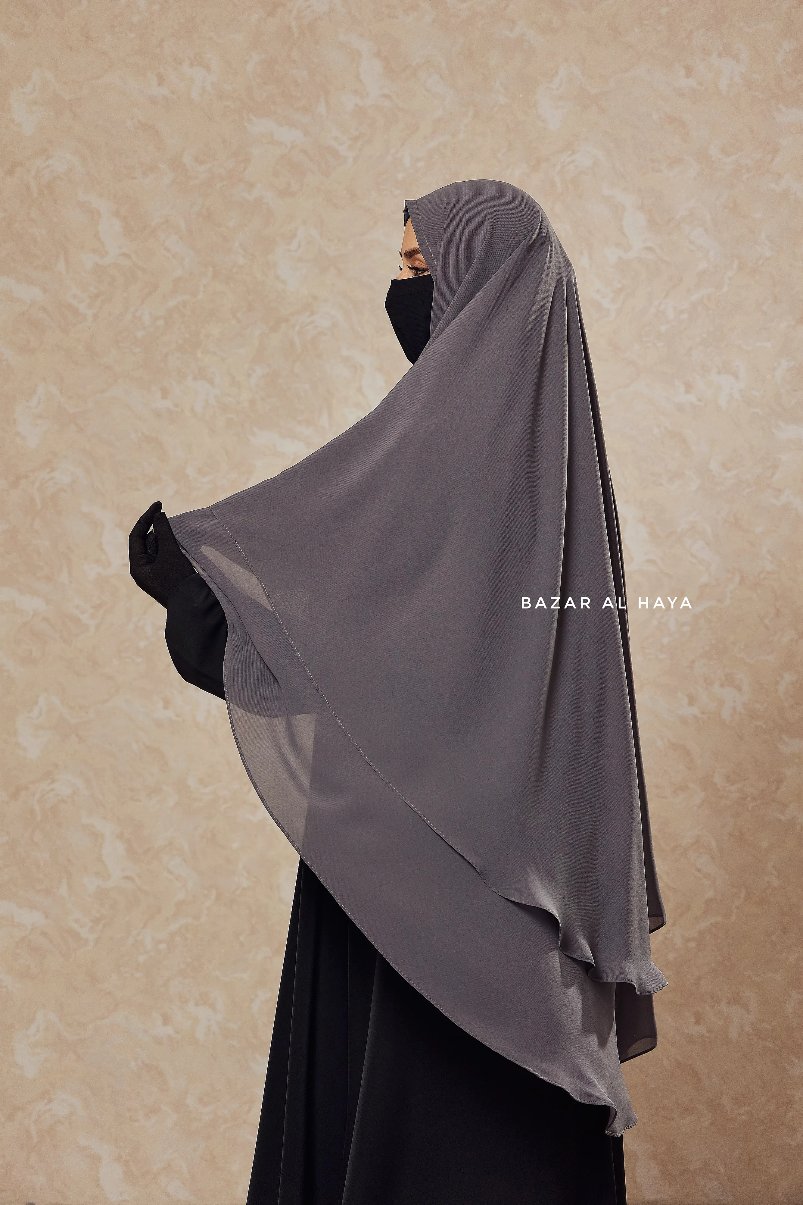 Grey Two Layered Three -In- One Snap Scarf, Khimar, Cape - Super Soft