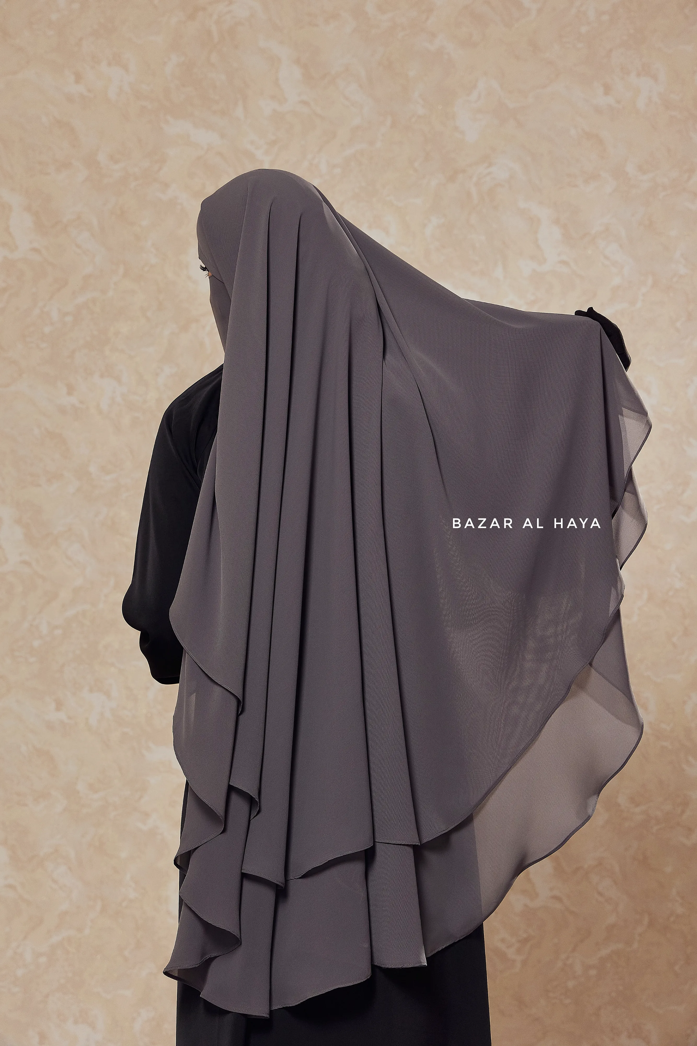 Grey Two Layered Three -In- One Snap Scarf, Khimar, Cape - Super Soft