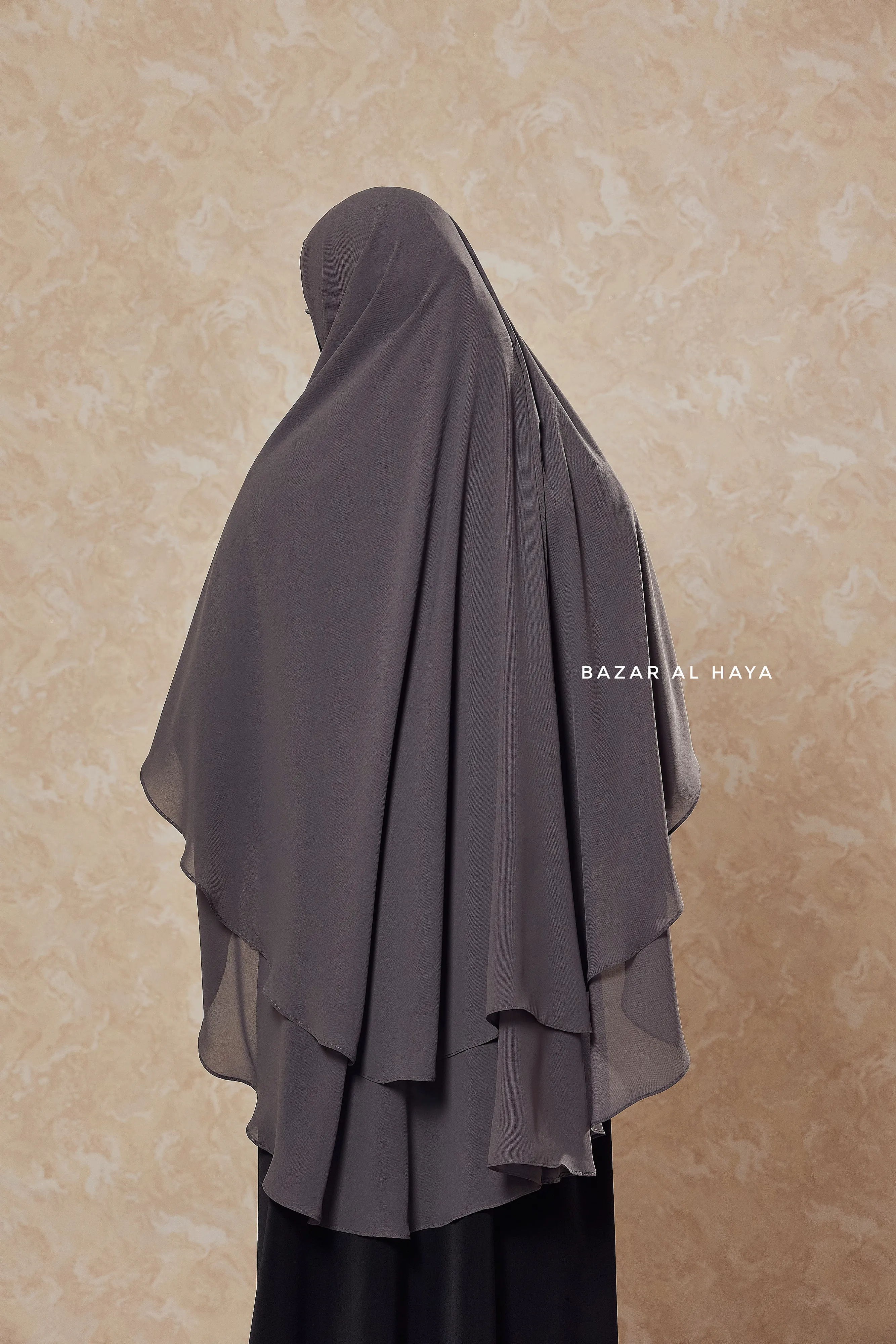 Grey Two Layered Three -In- One Snap Scarf, Khimar, Cape - Super Soft