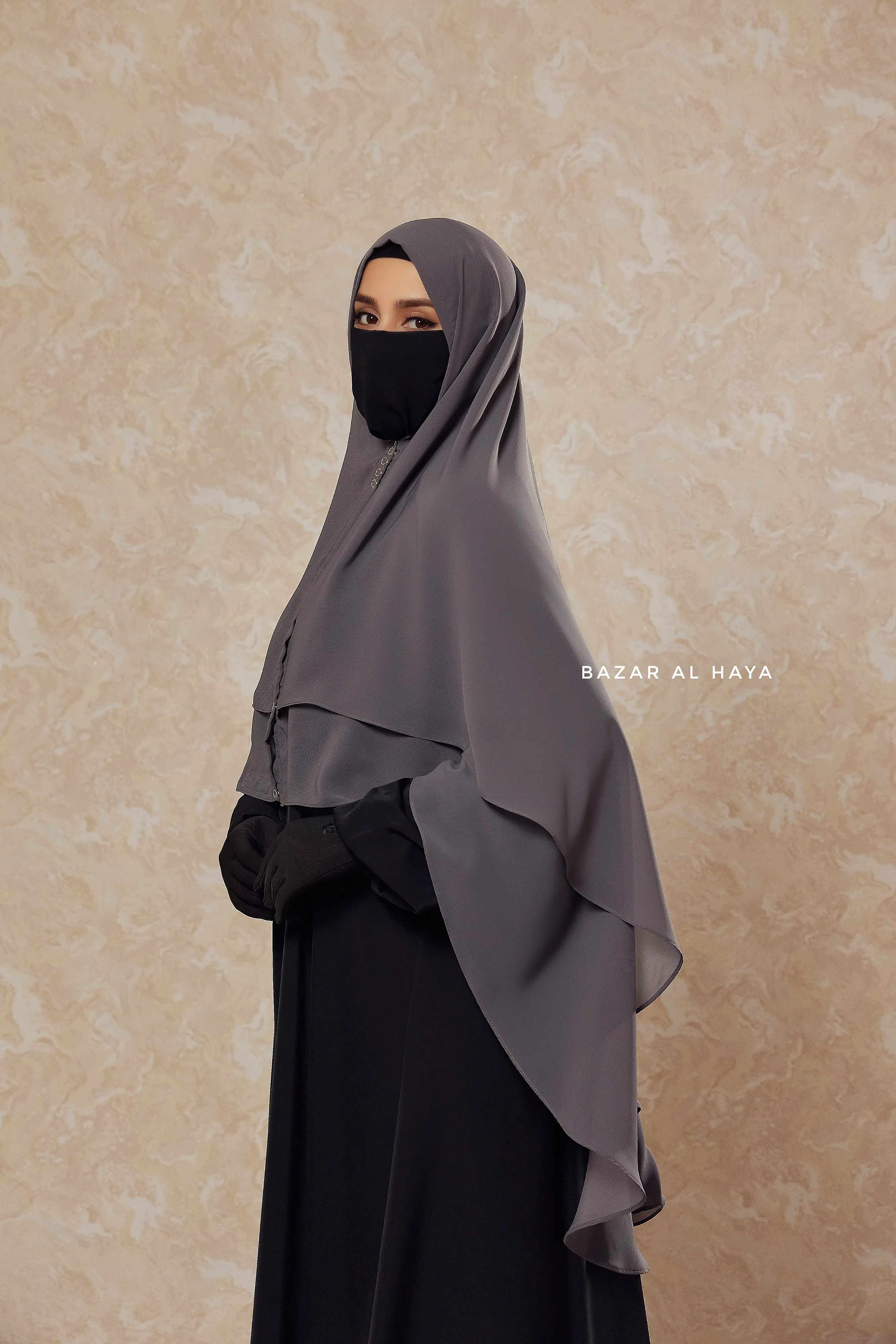 Grey Two Layered Three -In- One Snap Scarf, Khimar, Cape - Super Soft