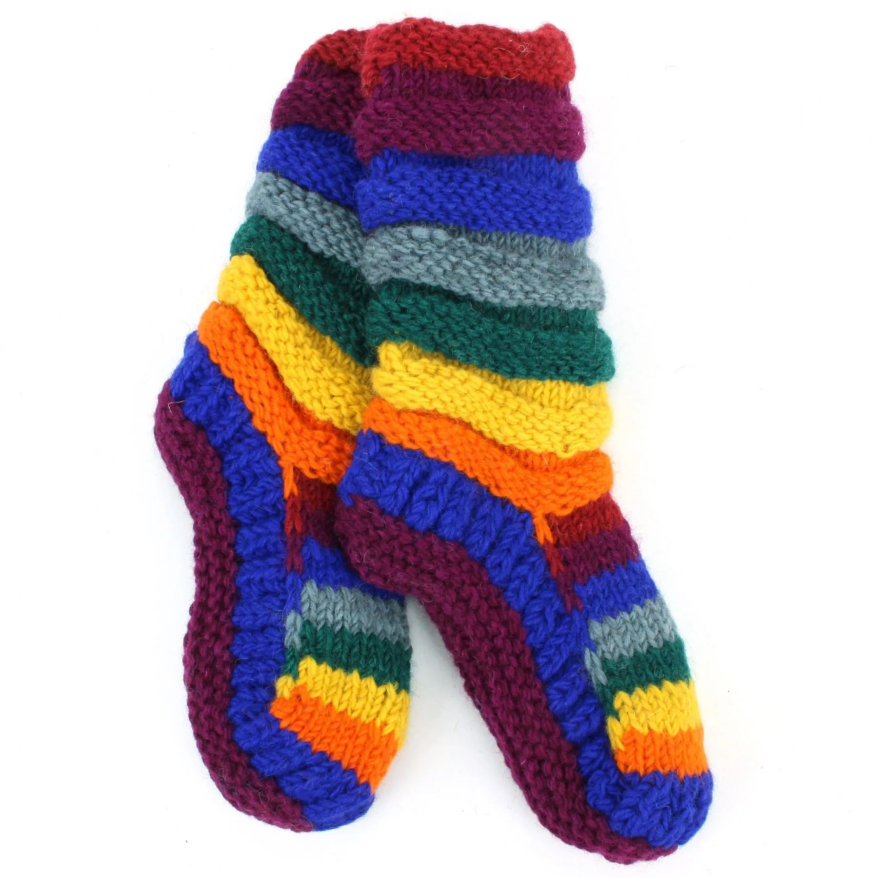 Hand Knitted Wool Slipper Socks Lined - Stripe Rainbow 2