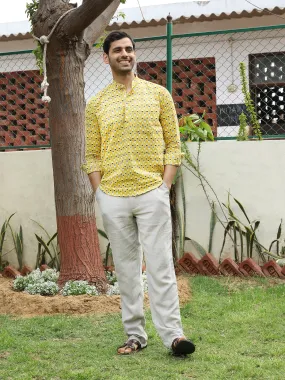 Handblock Printed Mens Cotton Short Kurta Style Shirt  (Yellow)